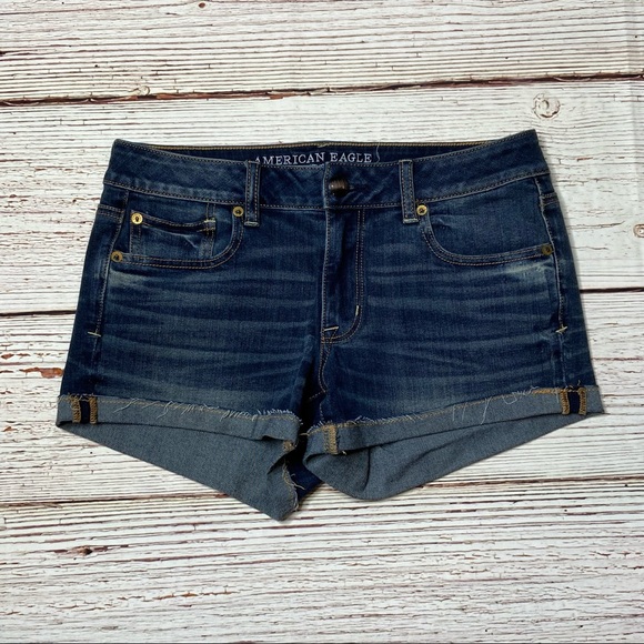 AEO American Eagle Outfitters Shortie Dark Denim Jean Shorts Sz 8 - Picture 2 of 13